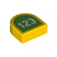 24246pb008c3 - LEGO sárga csempe félkör kiegészítéssel 1 x 1 méretű, zöld alapon fehér '123' felirattal