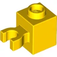 30241bc3 - LEGO sárga kocka 1 x 1 méretű, oldalán klipsszel, lyukas bütyökkel