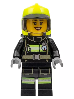 cty1357- LEGO minifigura női tűzoltó, fekete tűzoltóruhában reflektív csíkokkal, neon sárga tűzoltósisakban, napellenzővel