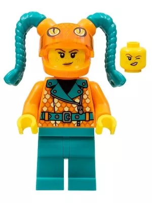 cty1456 - LEGO Stuntz sofőr minifigura nő narancssárga dzsekiben, bojtos bukósisakban