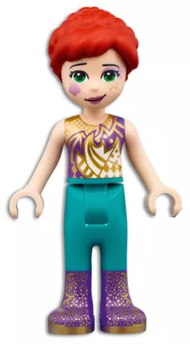 frnd462 - LEGO Friends Mia minifigura, sötétlila és arany felsőben, sötét türkiz nadrágban