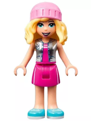 frnd490 - LEGO Friends Stephanie minifigura, magenta szoknyában, pink sapiban