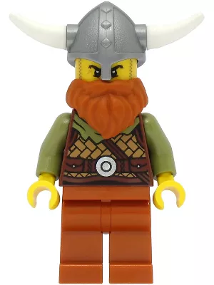 vik038 - LEGO Minifigura - férfi viking harcos, sötét narancssárga szakáll, ezüst viking sisak