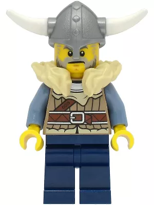 vik040 - LEGO Minifigura - férfi viking harcos, világos krémszínű szőrme, ezüst viking sisak