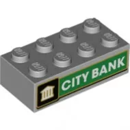 3001pb149c86 - LEGO világosszürke 2 x 4 kocka, zöld CITY BANK mintával