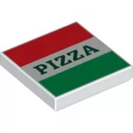 3068bpb1045c1 - LEGO fehér csempe 2 x 2 méretű, piros, zöld csíkkal és PIZZA felirattal