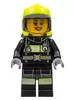 cty1357- LEGO minifigura női tűzoltó, fekete tűzoltóruhában reflektív csíkokkal, neon sárga tűzoltósisakban, napellenzővel